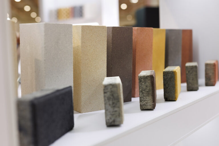 Examples of decorative paving slabs and paving stones at the exhibition